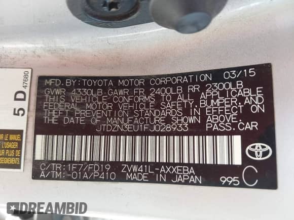 2015 Toyota Prius Two z VIN JTDZN3EU1FJ028933, wystawiony jako IAAI lot #43226233 z przebiegiem 177 350 mil mil oraz . Historia ofert i sprzedaży dostępna na DreamBid. Obrazek 9.