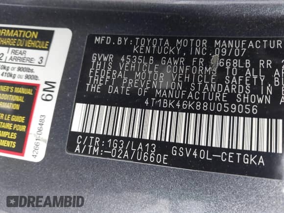 2008 Toyota Camry XLE с VIN 4T1BK46K88U059056, выставлен на аукционе IAAI как лот 43469545 с пробегом 167 634 миль миль и . История ставок и продаж доступна на DreamBid. Изображение 9.