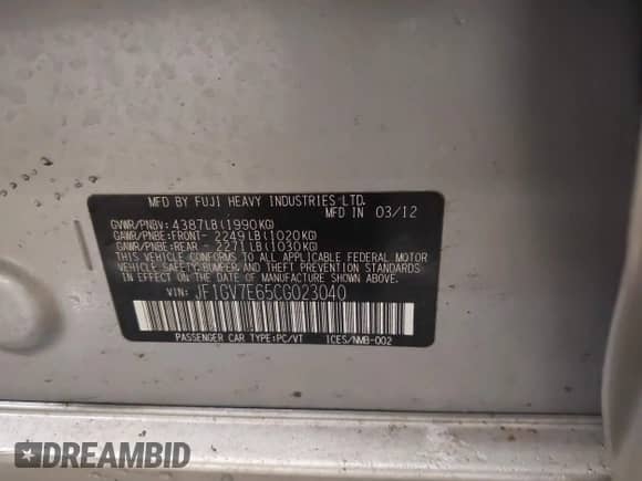 2012 Subaru WRX WRX with VIN JF1GV7E65CG023040, listed as a IAAI auction lot 41622053 with 110,718 mi miles and . Bid and sale history available at DreamBid. Image 9.