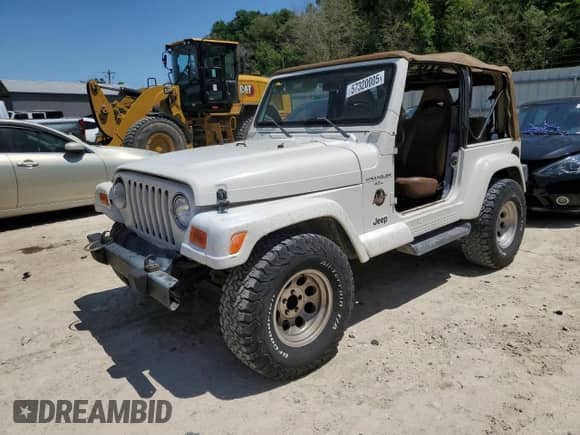 2001 Jeep Wrangler Sahara z VIN 1J4FA59S81P321490, wystawiony jako Copart lot #57320005 z przebiegiem 180 959 mil mil oraz Szkoda całkowita • Salvage title. Historia ofert i sprzedaży dostępna na DreamBid. Obrazek 1.
