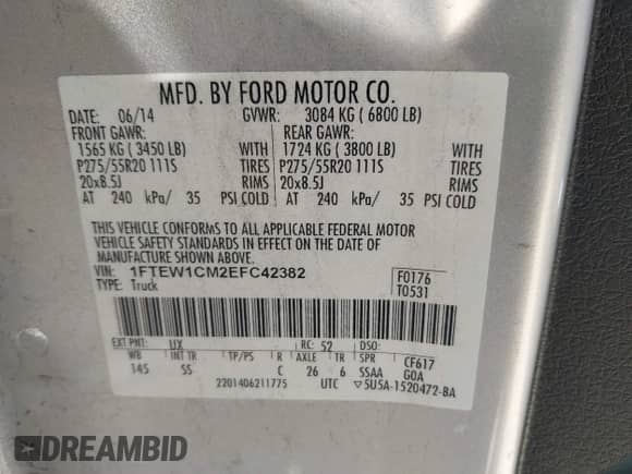 2014 Ford F-150 XL with VIN 1FTEW1CM2EFC42382, listed as a IAAI auction lot 42526873 with 162,868 mi miles and . Bid and sale history available at DreamBid. Image 9.