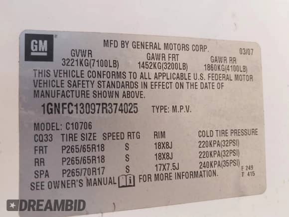 2007 Chevrolet Tahoe LT с VIN 1GNFC13097R374025, выставлен на аукционе IAAI как лот 42846216 с пробегом 199 675 миль миль и . История ставок и продаж доступна на DreamBid. Изображение 9.