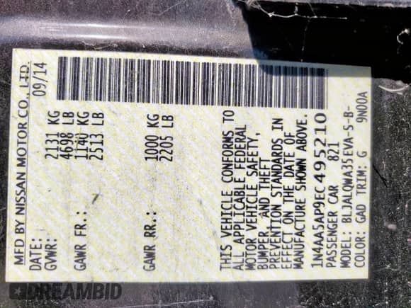 2014 Nissan Maxima S with VIN 1N4AA5AP9EC495210, listed as a Copart auction lot 66052645 with 164,905 mi miles and Clean title. Bid and sale history available at DreamBid. Image 12.