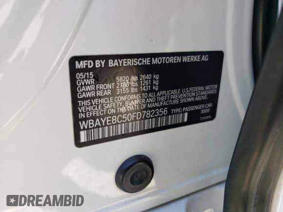 2015 BMW 7 Series 750Li with VIN WBAYE8C50FD782356, listed as a Copart auction lot 64578895 with 195,656 mi miles and Clean title. Bid and sale history available at DreamBid. Image 12.