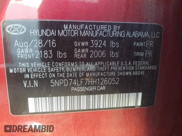 2017 Hyundai Elantra SE with VIN 5NPD74LF7HH126052, listed as a Copart auction lot 35272471 with 94,023 mi miles and Salvage title. Bid and sale history available at DreamBid. Image 10.