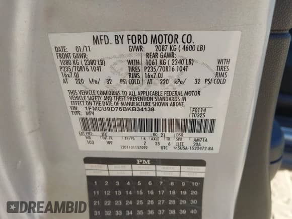 2011 Ford Escape XLT with VIN 1FMCU9D76BKB34138, listed as a IAAI auction lot 43453465 with 129,929 mi miles and . Bid and sale history available at DreamBid. Image 9.