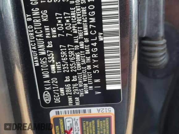 2021 Kia Sorento LX with VIN 5XYRG4LC7MG018155, listed as a Copart auction lot 72001345 with 82,379 mi miles and Salvage title. Bid and sale history available at DreamBid. Image 12.