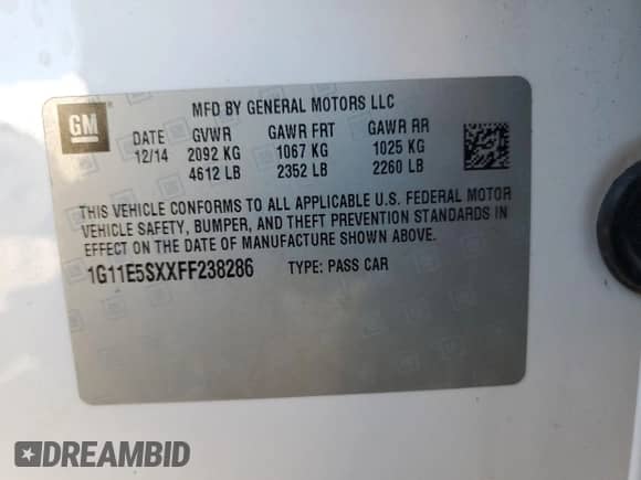 2015 Chevrolet Malibu LT с VIN 1G11E5SXXFF238286, выставлен на аукционе Copart как лот 62029785 с пробегом 145 696 миль миль и Списание • Salvage title. История ставок и продаж доступна на DreamBid. Изображение 12.