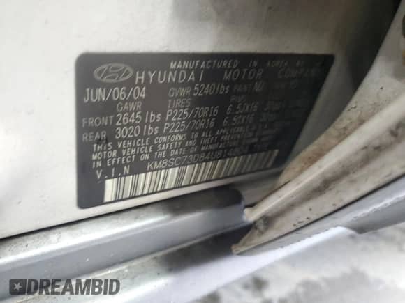 2004 Hyundai Santa Fe GLS с VIN KM8SC73D84U814804, выставлен на аукционе Copart как лот 81170534 с пробегом 159 374 миль миль и Списание • Salvage title. История ставок и продаж доступна на DreamBid. Изображение 13.