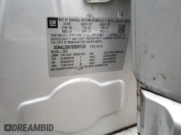 2014 Chevrolet Captiva Sport LT с VIN 3GNAL3EK7ES659238, выставлен на аукционе Copart как лот 80201764 с пробегом 79 752 миль миль и Списание • Salvage title. История ставок и продаж доступна на DreamBid. Изображение 12.