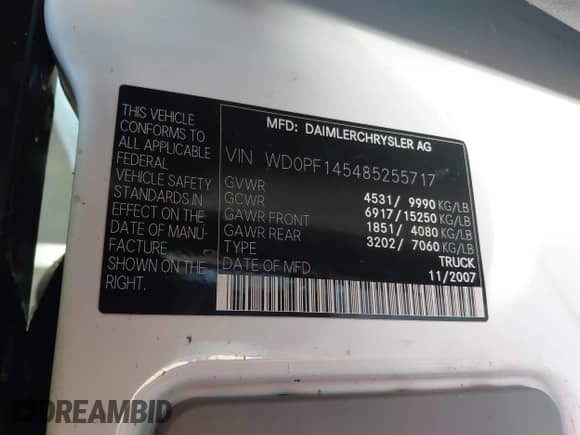 2008 Dodge Sprinter with VIN WD0PF145485255717, listed as a IAAI auction lot 41249379 with 139,700 mi miles and . Bid and sale history available at DreamBid. Image 9.