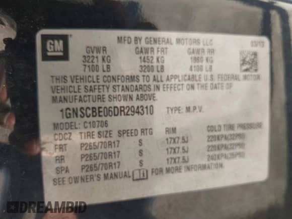 2013 Chevrolet Tahoe LT с VIN 1GNSCBE06DR294310, выставлен на аукционе IAAI как лот 43206896 с пробегом 183 993 миль миль и . История ставок и продаж доступна на DreamBid. Изображение 9.