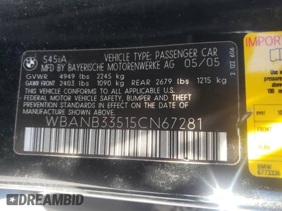 2005 BMW 5 Series 545i с VIN WBANB33515CN67281, выставлен на аукционе Copart как лот 87113314 с пробегом 102 977 миль миль и Чистый • Clean title. История ставок и продаж доступна на DreamBid. Изображение 12.