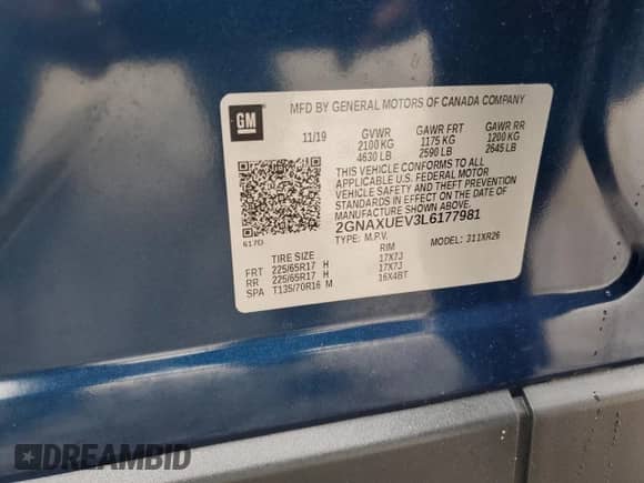 2020 Chevrolet Equinox LT z VIN 2GNAXUEV3L6177981, wystawiony jako Copart lot #65234775 z przebiegiem 55 516 mil mil oraz Szkoda całkowita • Salvage title. Historia ofert i sprzedaży dostępna na DreamBid. Obrazek 13.