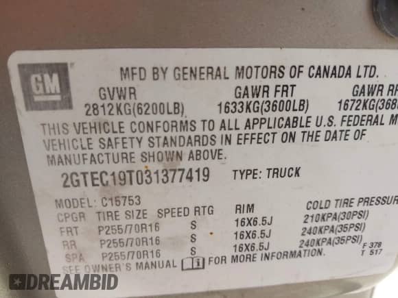 2003 GMC Sierra 1500 SLE with VIN 2GTEC19T031377419, listed as a IAAI auction lot 42665454 with 199,579 mi miles and . Bid and sale history available at DreamBid. Image 9.