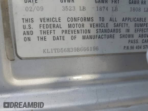 2009 Chevrolet Aveo 1LT с VIN KL1TD56E39B666196, выставлен на аукционе IAAI как лот 43545735 с пробегом 152 024 миль миль и . История ставок и продаж доступна на DreamBid. Изображение 9.