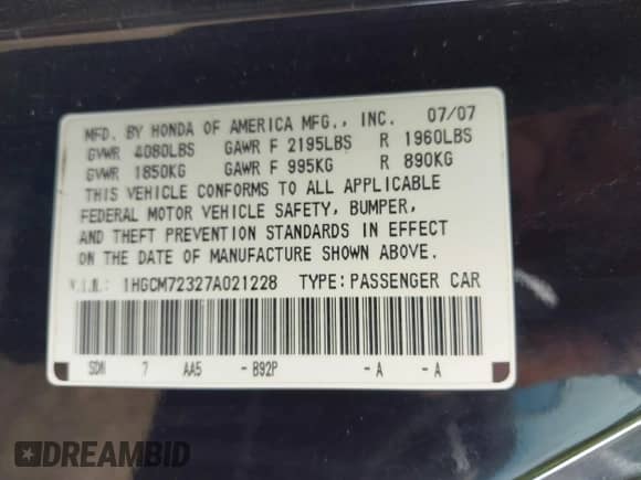 2007 Honda Accord LX с VIN 1HGCM72327A021228, выставлен на аукционе IAAI как лот 43032716 с пробегом 153 973 миль миль и . История ставок и продаж доступна на DreamBid. Изображение 9.