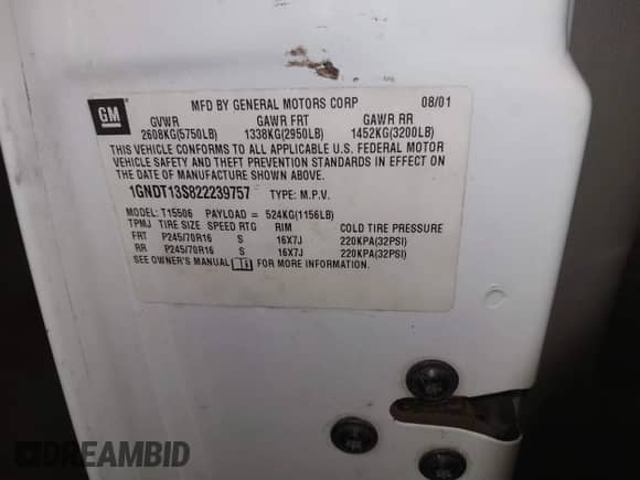 2002 Chevrolet TrailBlazer LS with VIN 1GNDT13S822239757, listed as a IAAI auction lot 41346981 with 192,281 mi miles and . Bid and sale history available at DreamBid. Image 9.