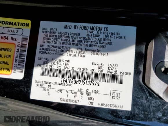 2018 Ford Mustang EcoBoost Premium with VIN 1FATP8UH2J5137975, listed as a Copart auction lot 71727855 with 85,888 mi miles and Salvage title. Bid and sale history available at DreamBid. Image 12.