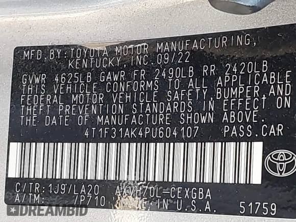 2023 Toyota Camry Hybrid XLE с VIN 4T1F31AK4PU604107, выставлен на аукционе IAAI как лот 41824999 с пробегом 52 316 миль миль и . История ставок и продаж доступна на DreamBid. Изображение 9.