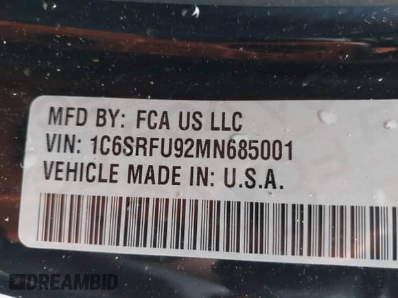 2021 Ram 1500 TRX with VIN 1C6SRFU92MN685001, listed as a IAAI auction lot 42454600 with 44,950 mi miles and . Bid and sale history available at DreamBid. Image 9.