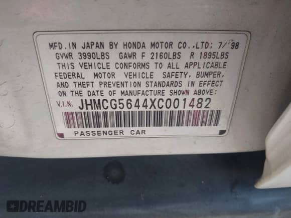 1999 Honda Accord LX с VIN JHMCG5644XC001482, выставлен на аукционе IAAI как лот 43166852 с пробегом 315 312 миль миль и . История ставок и продаж доступна на DreamBid. Изображение 9.