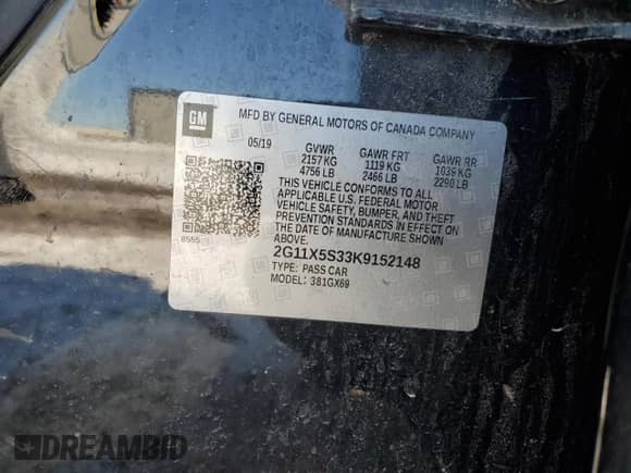 2019 Chevrolet Impala LS с VIN 2G11X5S33K9152148, выставлен на аукционе Copart как лот 45979325 с пробегом 119 109 миль миль и Списание • Salvage title. История ставок и продаж доступна на DreamBid. Изображение 12.