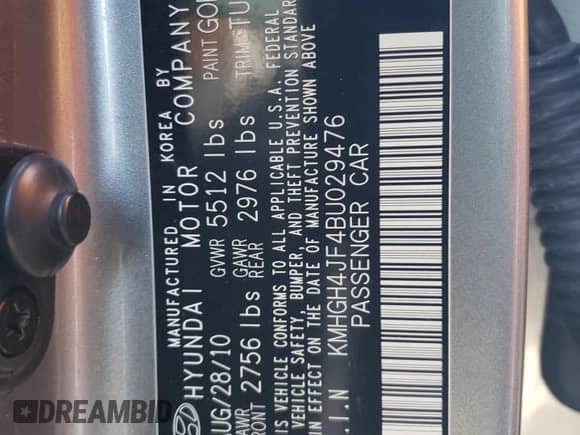 2011 Hyundai Equus Signature with VIN KMHGH4JF4BU029476, listed as a Copart auction lot 46610235 with 90,006 mi miles and Salvage title. Bid and sale history available at DreamBid. Image 12.