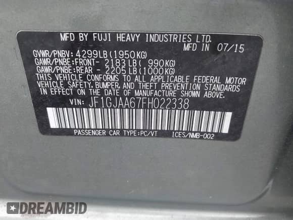 2015 Subaru Impreza z VIN JF1GJAA67FH022338, wystawiony jako IAAI lot #42920547 z przebiegiem 136 945 mil mil oraz . Historia ofert i sprzedaży dostępna na DreamBid. Obrazek 9.