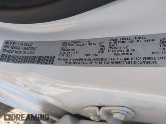 2020 Ram 1500 Big Horn z VIN 1C6RREFT3LN373947, wystawiony jako IAAI lot #42732635 z przebiegiem 167 284 mil mil oraz . Historia ofert i sprzedaży dostępna na DreamBid. Obrazek 9.