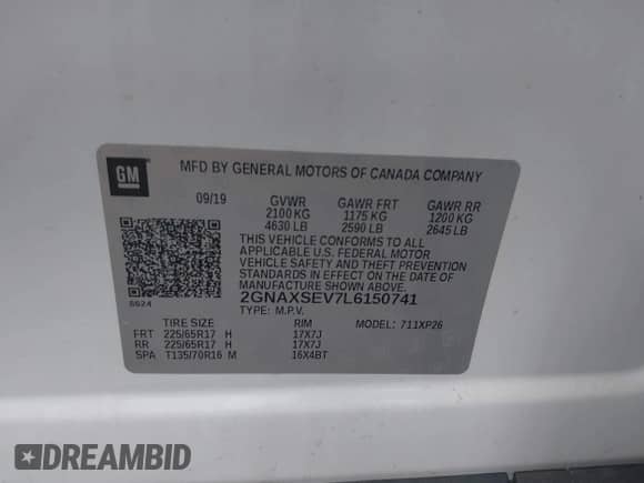 2020 Chevrolet Equinox LS z VIN 2GNAXSEV7L6150741, wystawiony jako IAAI lot #42769113 z przebiegiem 38 270 mil mil oraz . Historia ofert i sprzedaży dostępna na DreamBid. Obrazek 9.