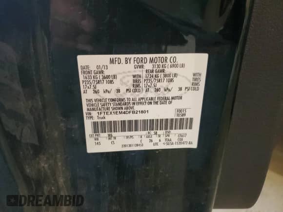 2013 Ford F-150 XL с VIN 1FTEX1EM4DFB21801, выставлен на аукционе Copart как лот 69958235 с пробегом 180 755 миль миль и Списание • Salvage title. История ставок и продаж доступна на DreamBid. Изображение 12.