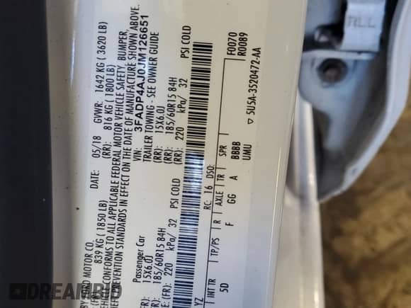 2018 Ford Fiesta S with VIN 3FADP4AJ0JM126651, listed as a Copart auction lot 85493805 with 101,272 mi miles and Salvage title. Bid and sale history available at DreamBid. Image 12.