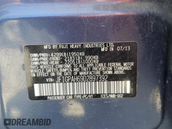 2013 Subaru Impreza Limited with VIN JF1GPAH69D2897392, listed as a Copart auction lot 65558845 with 108,847 mi miles and Salvage title. Bid and sale history available at DreamBid. Image 12.