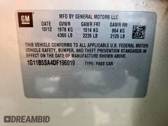 2013 Chevrolet Malibu LS с VIN 1G11B5SA4DF196019, выставлен на аукционе Copart как лот 72068885 с пробегом 138 811 миль миль и Списание • Salvage title. История ставок и продаж доступна на DreamBid. Изображение 13.