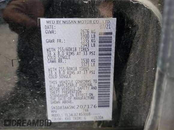 2022 Nissan Pathfinder S with VIN 5N1DR3AA5NC207176, listed as a Copart auction lot 77777744 with 118,990 mi miles and Salvage title. Bid and sale history available at DreamBid. Image 13.