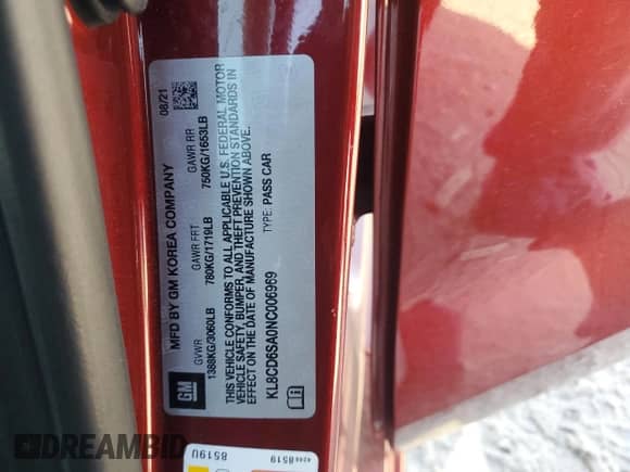 2022 Chevrolet Spark 1LT с VIN KL8CD6SA0NC006969, выставлен на аукционе Copart как лот 70221885 с пробегом 35 754 миль миль и Списание • Salvage title. История ставок и продаж доступна на DreamBid. Изображение 13.