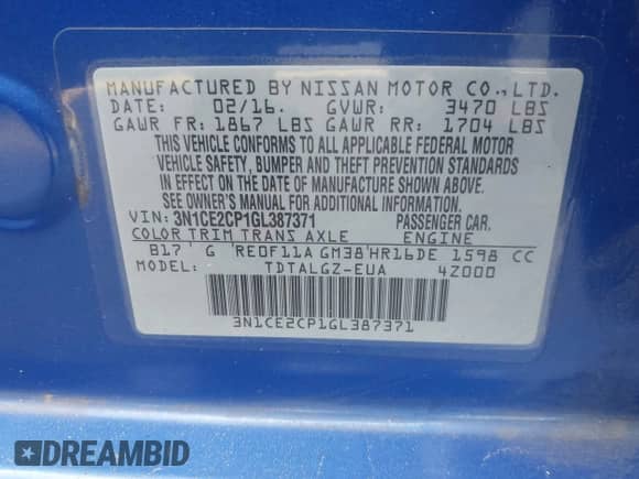 2016 Nissan Note S with VIN 3N1CE2CP1GL387371, listed as a IAAI auction lot 42354341 with 104,063 mi miles and . Bid and sale history available at DreamBid. Image 9.