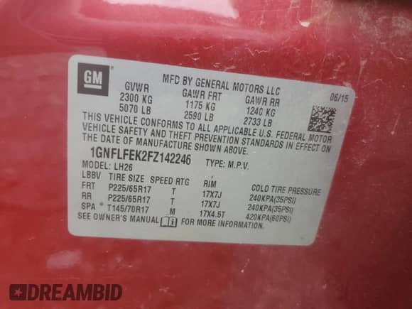 2015 Chevrolet Equinox LT with VIN 1GNFLFEK2FZ142246, listed as a Copart auction lot 60717615 with Not provided miles and Salvage title. Bid and sale history available at DreamBid. Image 12.