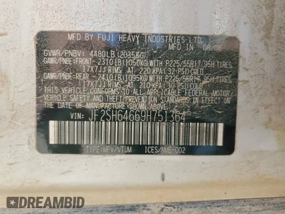 2009 Subaru Forester X Limited z VIN JF2SH64669H751364, wystawiony jako Copart lot #80643545 z przebiegiem 174 362 mil mil oraz Czysty tytuł • Clean title. Historia ofert i sprzedaży dostępna na DreamBid. Obrazek 13.