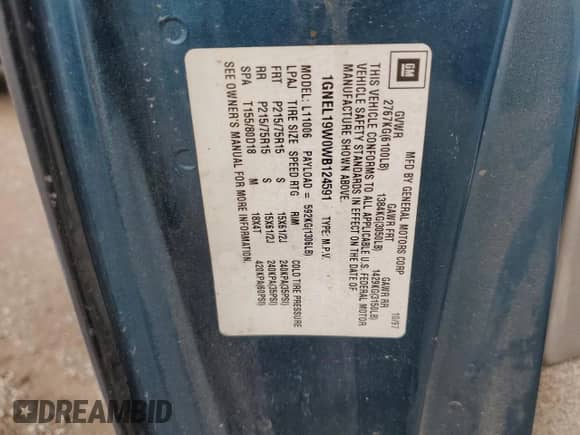1998 Chevrolet Astro с VIN 1GNEL19W0WB124591, выставлен на аукционе Copart как лот 55825235 с пробегом 124 253 миль миль и Чистый • Clean title. История ставок и продаж доступна на DreamBid. Изображение 13.