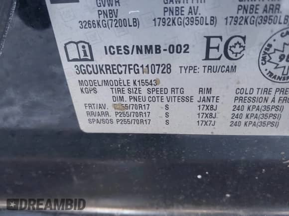 2015 Chevrolet Silverado 1500 LT with VIN 3GCUKREC7FG110728, listed as a IAAI auction lot 41428873 with 159,515 mi miles and . Bid and sale history available at DreamBid. Image 9.