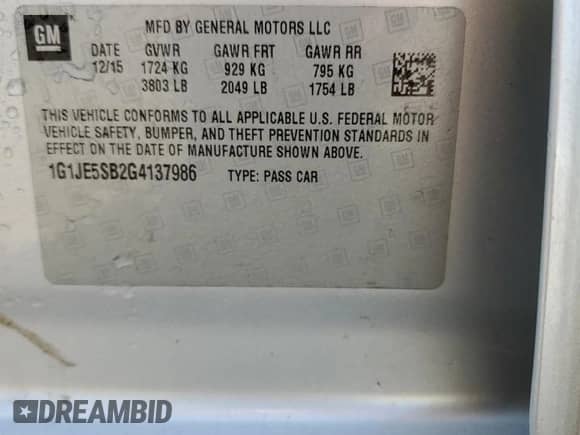 2016 Chevrolet Sonic LTZ with VIN 1G1JE5SB2G4137986, listed as a Copart auction lot 68088785 with 98,566 mi miles and Salvage title. Bid and sale history available at DreamBid. Image 12.