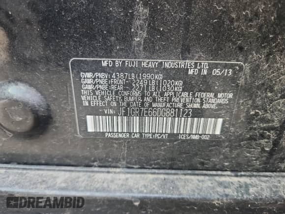 2013 Subaru WRX WRX with VIN JF1GR7E66DG881123, listed as a Copart auction lot 68458335 with Not provided miles and Salvage title. Bid and sale history available at DreamBid. Image 12.