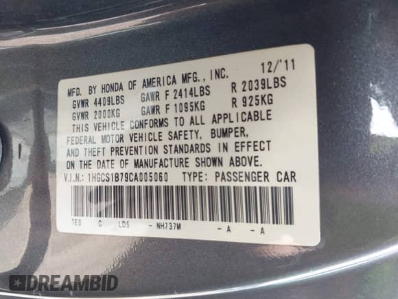 2012 Honda Accord EX с VIN 1HGCS1B79CA005060, выставлен на аукционе IAAI как лот 42425116 с пробегом 201 803 миль миль и . История ставок и продаж доступна на DreamBid. Изображение 9.