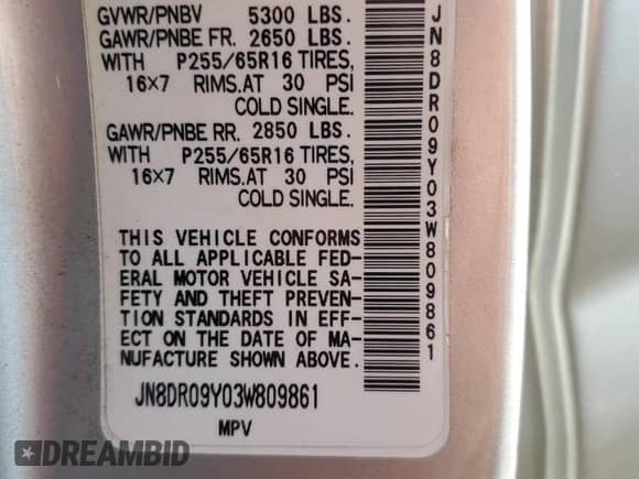 2003 Nissan Pathfinder SE z VIN JN8DR09Y03W809861, wystawiony jako Copart lot #65631275 z przebiegiem 132 716 mil mil oraz Szkoda całkowita • Salvage title. Historia ofert i sprzedaży dostępna na DreamBid. Obrazek 14.