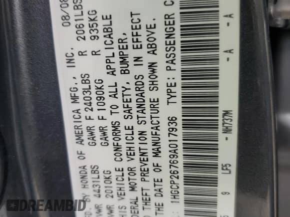 2009 Honda Accord EX с VIN 1HGCP26769A017936, выставлен на аукционе Copart как лот 71165085 с пробегом 203 408 миль миль и Списание • Salvage title. История ставок и продаж доступна на DreamBid. Изображение 12.