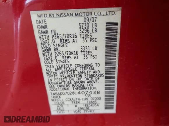 2008 Nissan Frontier SE with VIN 1N6AD07U28C407438, listed as a Copart auction lot 68758825 with 276,404 mi miles and Salvage title. Bid and sale history available at DreamBid. Image 12.