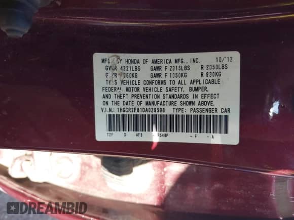 2013 Honda Accord EX-L z VIN 1HGCR2F81DA029598, wystawiony jako IAAI lot #42718353 z przebiegiem 220 720 mil mil oraz . Historia ofert i sprzedaży dostępna na DreamBid. Obrazek 9.