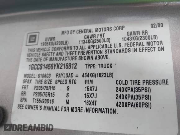 2000 Chevrolet S-10 with VIN 1GCCS1456YK216812, listed as a IAAI auction lot 42415618 with 140,861 mi miles and . Bid and sale history available at DreamBid. Image 9.